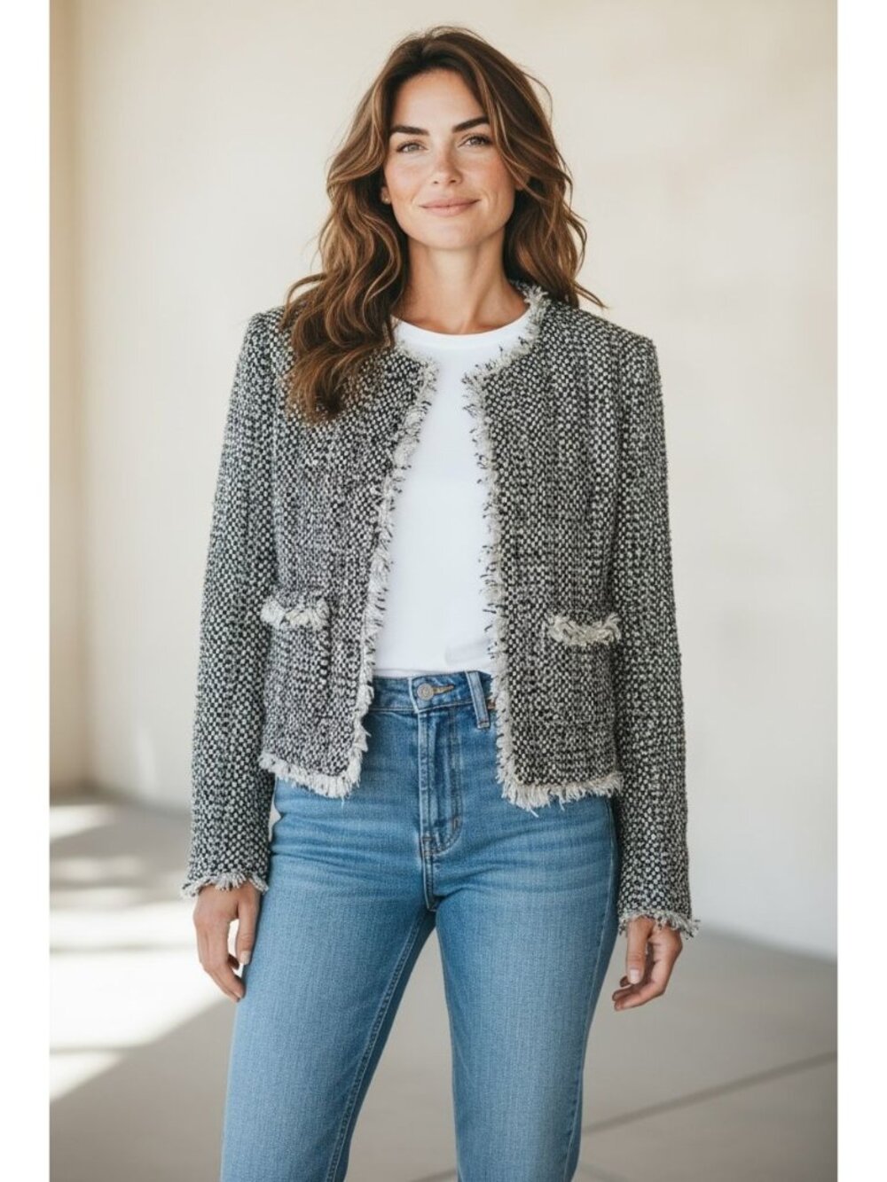L'AGENCE Women Angelina Metallic Tweed Jacket In Ecru/black/metallic 0